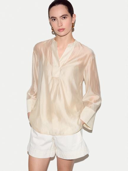 Jigsaw V-Neck Sheer Long Sleeve Top, Cream, Cream