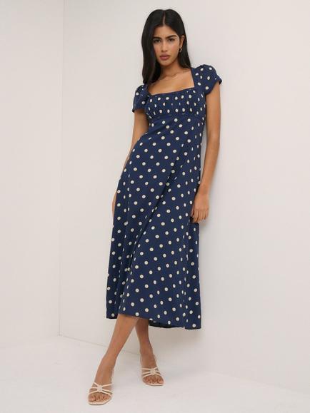 Nobody's Child Charlotte Polka Dot Midi Dress, Navy/White, Navy/White