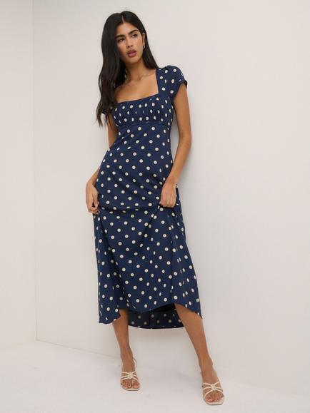 Nobody's Child Charlotte Polka Dot Midi Dress, Navy/White - view 2, Navy/White
