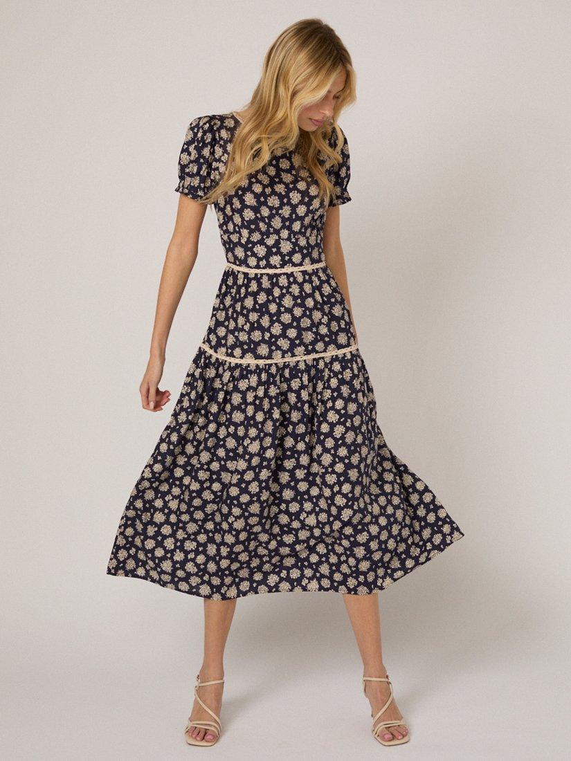 Nobody's Child Dara Floral Lace Trim Midi Dress, Navy/Cream