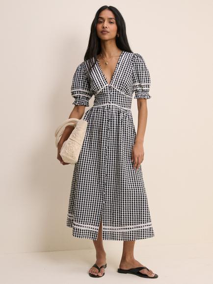 Nobody's Child Saffy Gingham Seersucker Short Sleeve Midi Dress, Black/White, Black/White