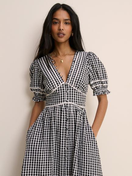 Nobody's Child Saffy Gingham Seersucker Short Sleeve Midi Dress, Black/White - view 2, Black/White