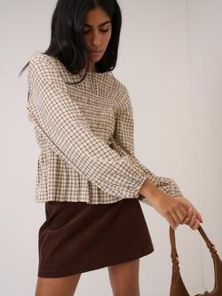 Nobody's Child Charlize Shirred Seersucker Check Top, Cream/Brown - view 2, Cream/Brown