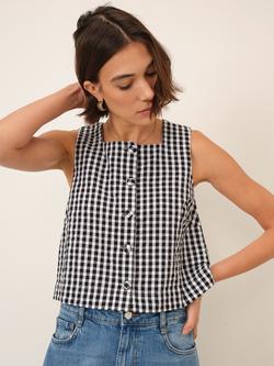 Nobody's Child Sammie Gingham Linen Rich Cropped Tank Top, Black/White, Black/White