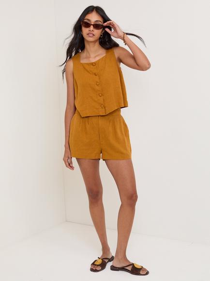 Nobody's Child Sammie Button Front Linen Blend Tank Top, White, Tan