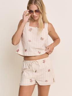 Nobody's Child Shannon Embroidered Florals Striped Cotton Shorts, Pink/Green, Pink/Green