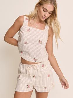 Nobody's Child Shannon Embroidered Florals Striped Cotton Shorts, Pink/Green - view 2, Pink/Green