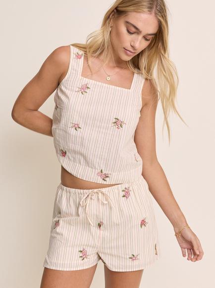 Nobody's Child Shannon Embroidered Florals Striped Cotton Shorts, Pink/Green - view 2, Pink/Green