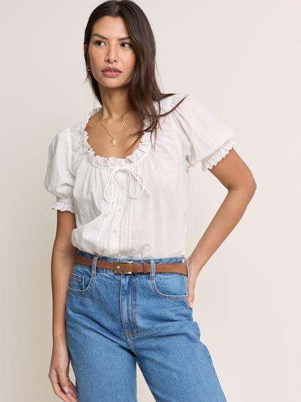 Nobody's Child Lumi Short Puff Sleeve Lace Trim Cotton Blouse, White