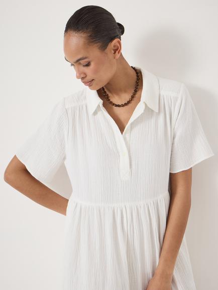 HUSH Cotton Cheesecloth Polo Dress, White - view 2, White