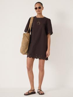 HUSH Enna Cotton Broderie Mini Dress, Dark Brown, Dark Brown