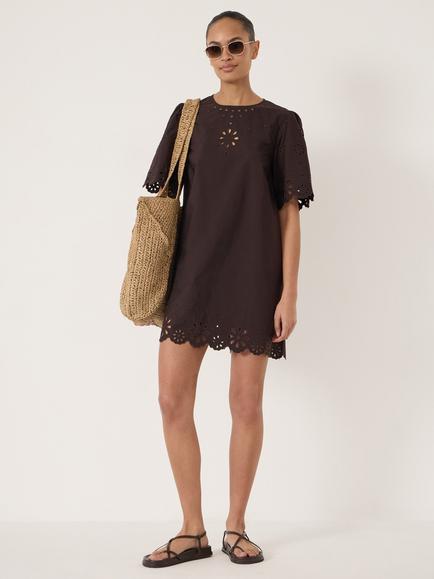 HUSH Enna Cotton Broderie Mini Dress, Dark Brown, Dark Brown