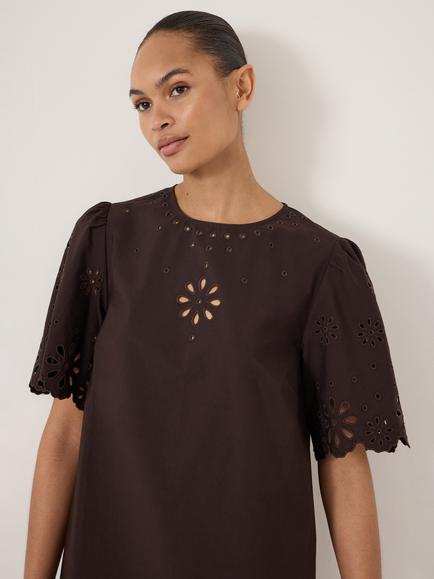 HUSH Enna Cotton Broderie Mini Dress, Dark Brown - view 2, Dark Brown
