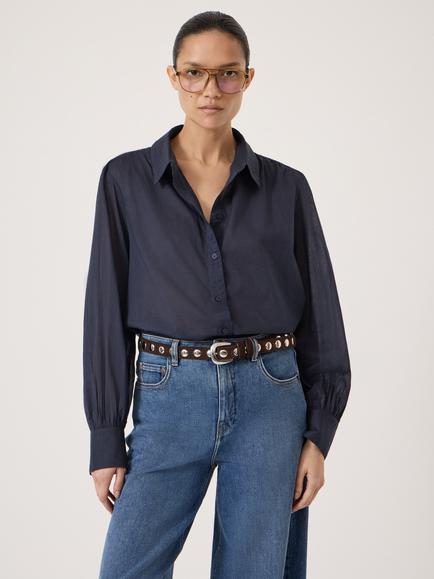 HUSH Dakota Cotton Voile Shirt, Navy Blue, Navy Blue