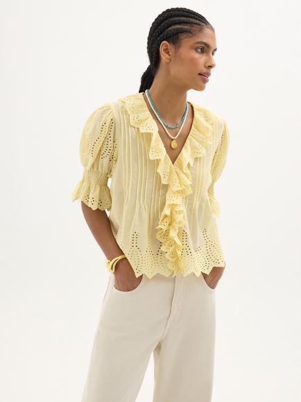 HUSH Koa Ruffle Broderie Blouse, French Vanilla, French Vanilla