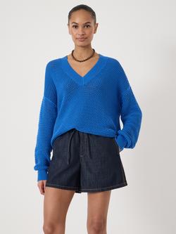 HUSH Open Stitch V Neck Cotton Jumper, Bright Blue, Bright Blue