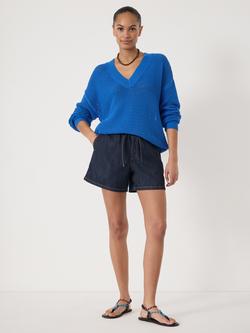 HUSH Open Stitch V Neck Cotton Jumper, Bright Blue - view 2, Bright Blue