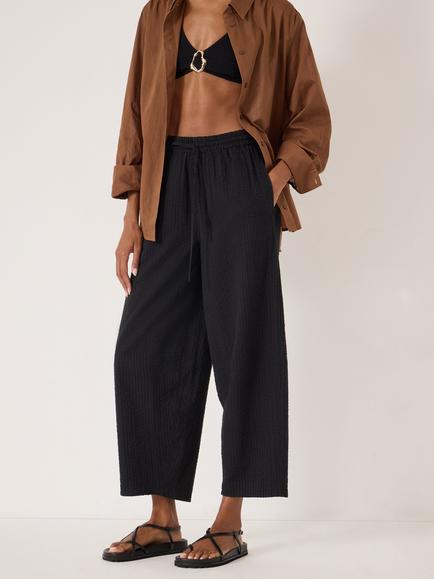 HUSH Erris Seersucker Cotton Barrel Leg Trousers, Black, Black