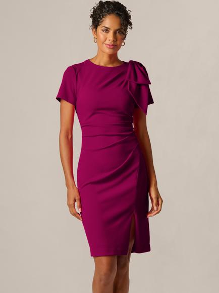 Adrianna Papell Petite Pleated Bow Midi Dress, Wildberry, Wildberry