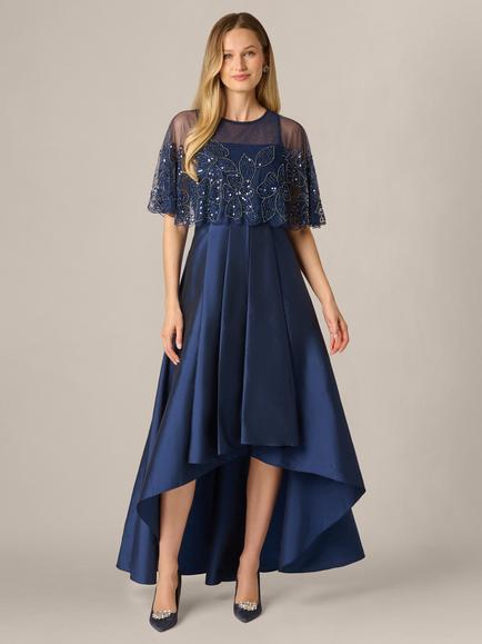Adrianna Papell Beaded Cape Taffeta Dress, Light Navy, Light Navy