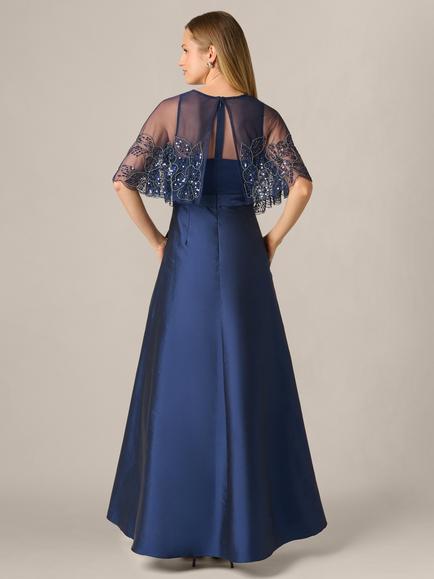 Adrianna Papell Beaded Cape Taffeta Dress, Light Navy - view 2, Light Navy