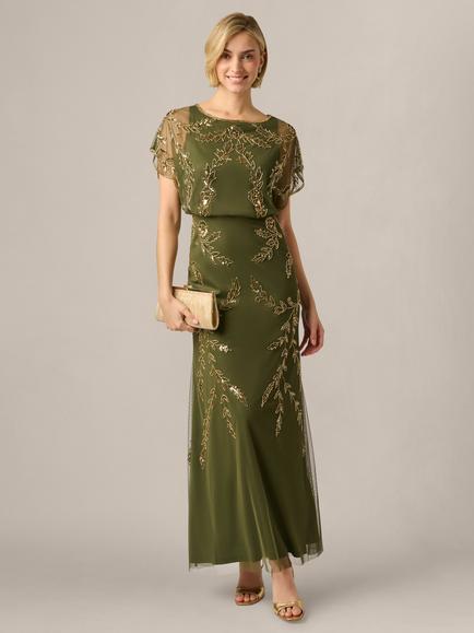 Adrianna Papell Studio Beaded Flutter Blouson Dress, Olive/Gold, Olive/Gold