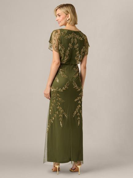 Adrianna Papell Studio Beaded Flutter Blouson Dress, Olive/Gold - view 2, Olive/Gold