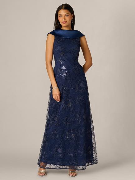 Adrianna Papell A-Line Embroidered Sleeveless Occasion Gown, Midnight, Midnight