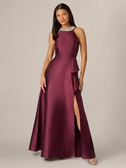 Adrianna Papell Embellished Neck Mikado Gown, Deep Wine, Deep Wine