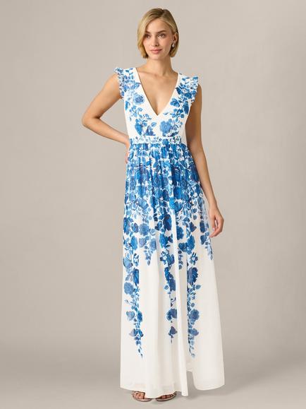 Adrianna Papell Floral Border Dress, Ivory/Blue, Ivory/Blue