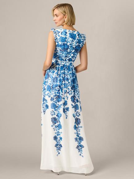 Adrianna Papell Floral Border Dress, Ivory/Blue - view 2, Ivory/Blue