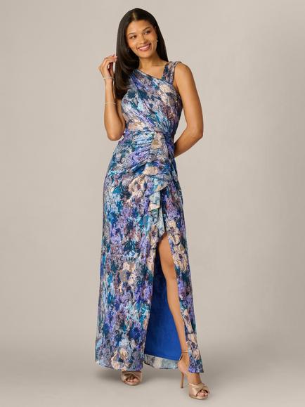 Adrianna Papell Metallic Crinkle Mesh Gown, Blue/Multi, Blue/Multi