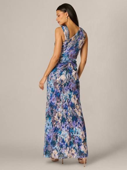 Adrianna Papell Metallic Crinkle Mesh Gown, Blue/Multi - view 2, Blue/Multi