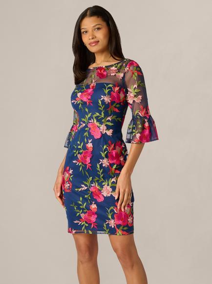 Adrianna Papell Embroidered Bell Cuff Sheath Dress, Navy/Pink Multi, Navy/Pink Multi
