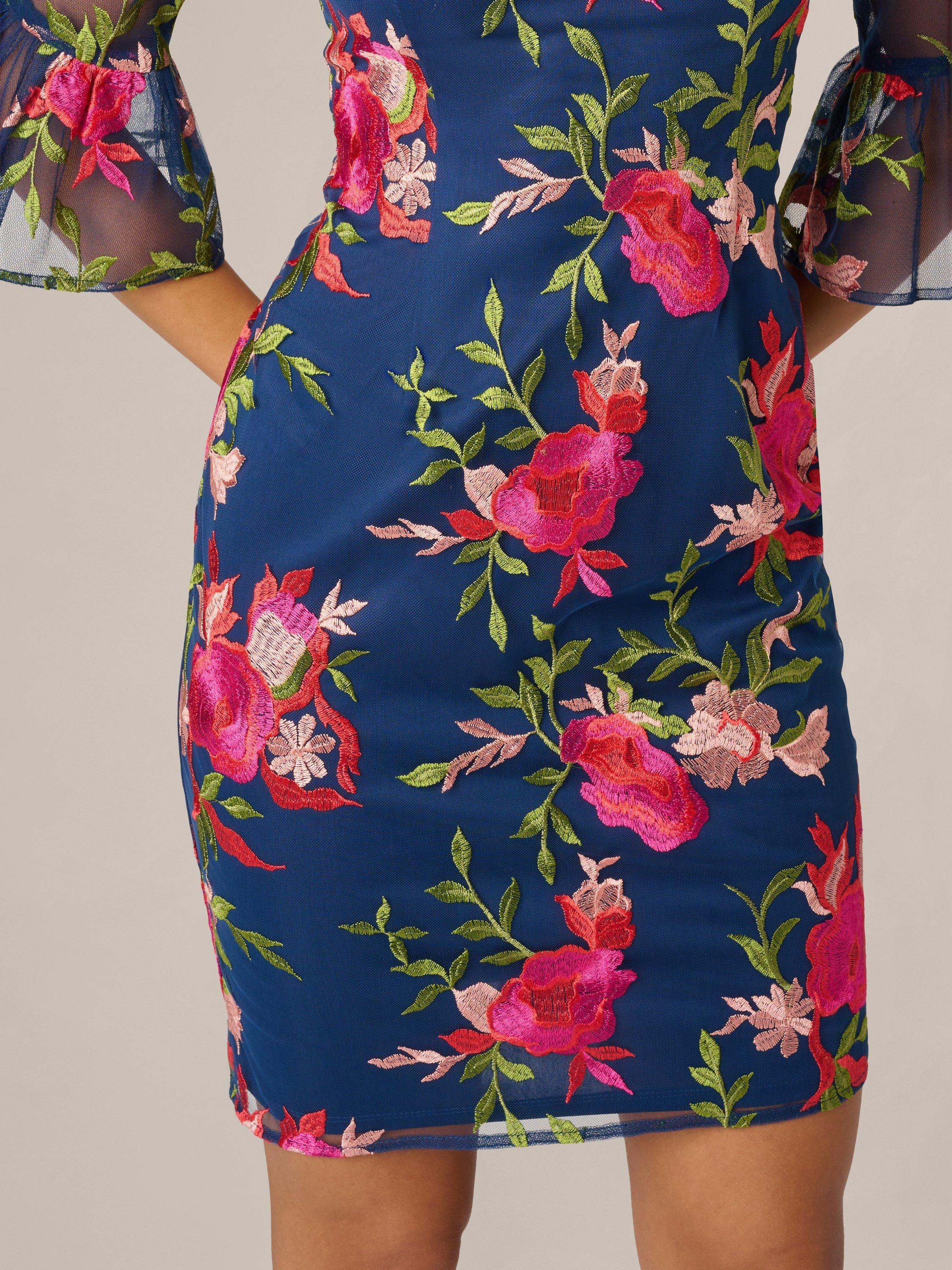 floral embroidered bell sleeve sheath dress in blush multi Navy Crepe 3/4 Sleeve A-line Gown With Flower Trim