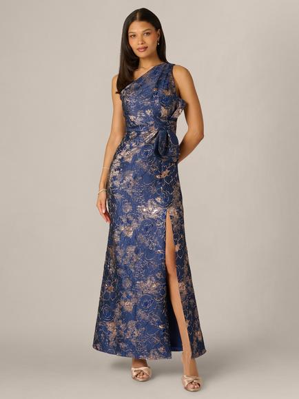 Adrianna Papell Floral Jacquard A-Line Maxi Dress, Navy/Rose Gold, Navy/Rose Gold