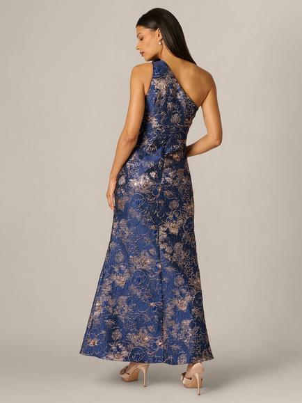 Adrianna Papell Floral Jacquard A-Line Maxi Dress, Navy/Rose Gold - view 2, Navy/Rose Gold
