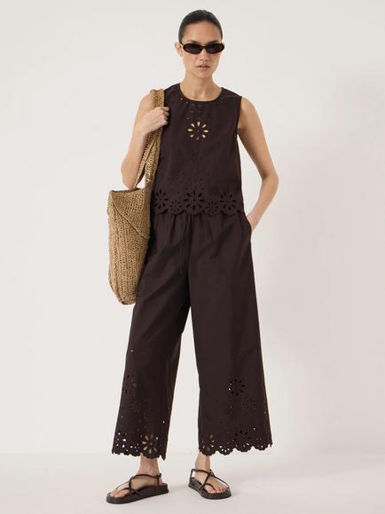 HUSH Renna Broderie Placement Trousers, Dark Brown - view 2, Dark Brown