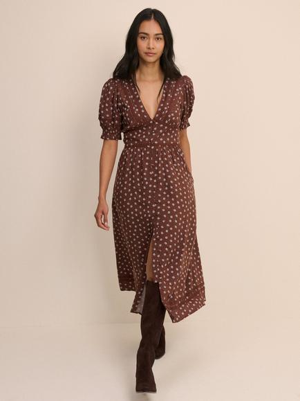Nobody's Child Frances Short Puff Sleeve Floral Polka Dot Midi Dress, Brown, Brown