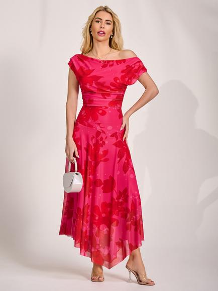 Jolie Moi Floral Asymmetrical Maxi Dress, Red, Red
