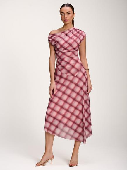 Jolie Moi Draped Mesh Check Asymmetrical Maxi Dress, Pink, Pink