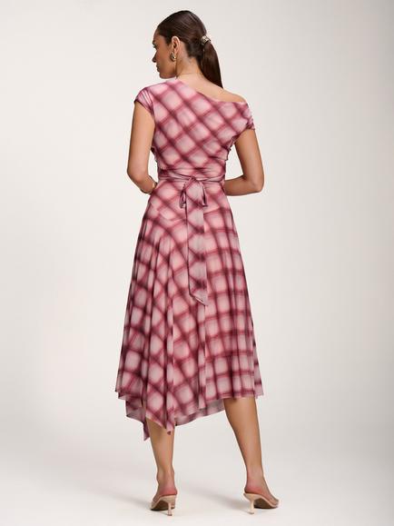 Jolie Moi Draped Mesh Check Asymmetrical Maxi Dress, Pink - view 2, Pink