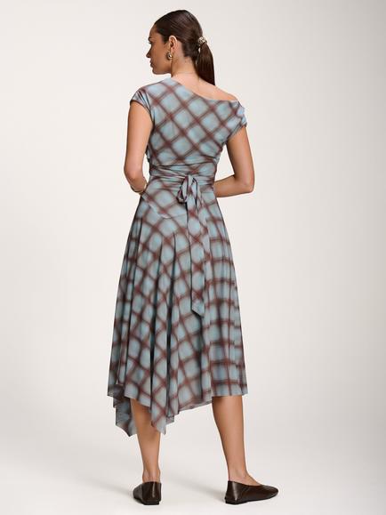 Jolie Moi Mesh Check Asymmetrical Maxi Dress, Blue - view 2, Blue