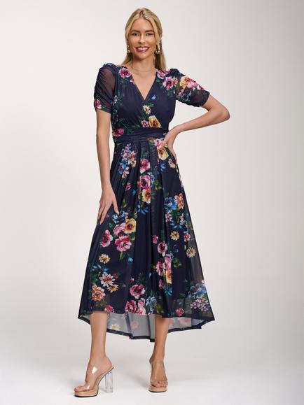 Jolie Moi Petite Floral Dip Hem Dress, Navy, Navy