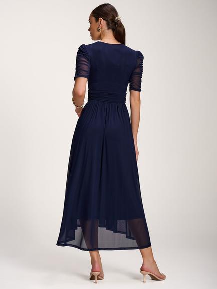 Jolie Moi Mesh Dip Hem Dress, Navy - view 2, Navy