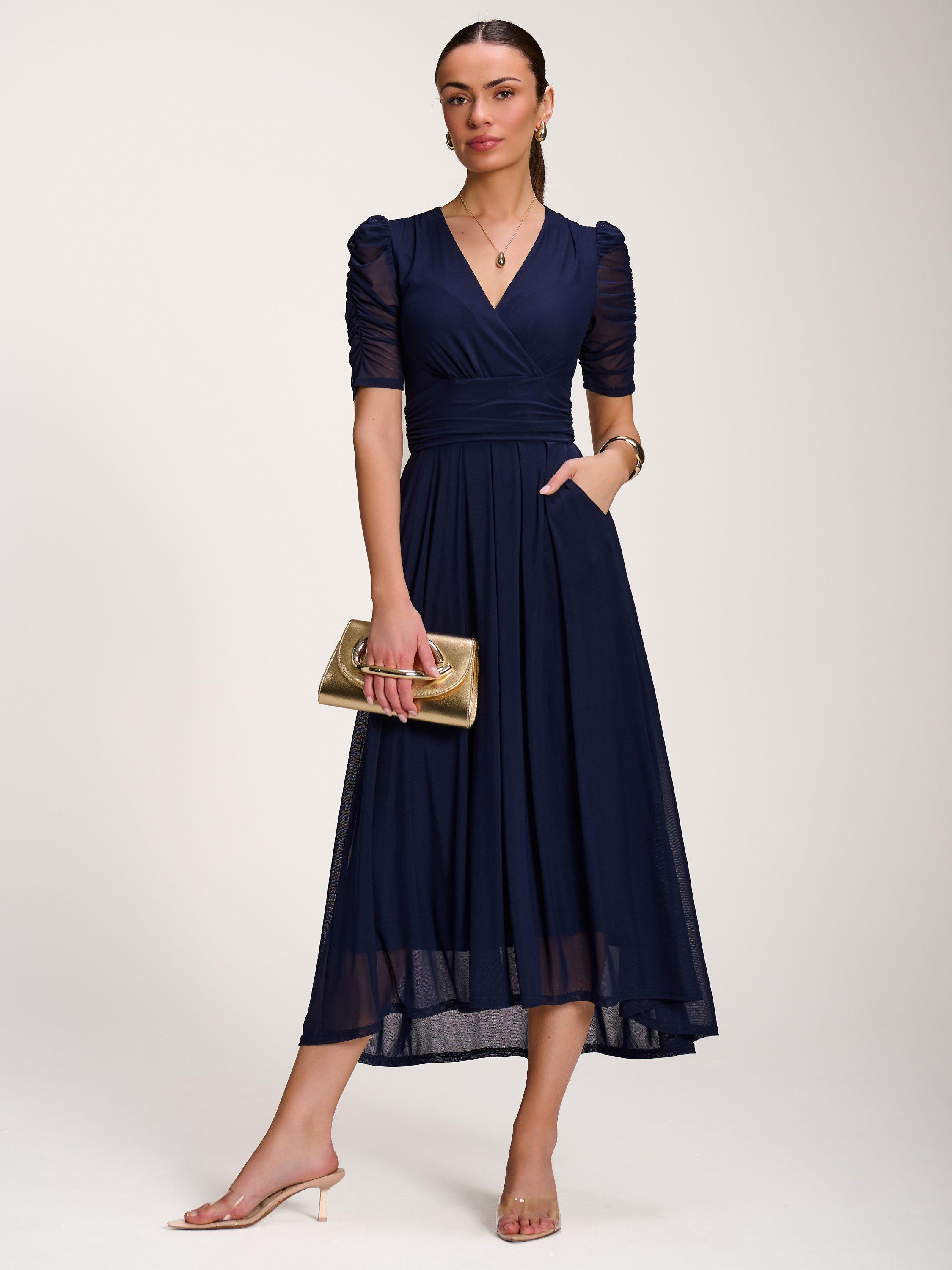 Jolie Moi Mesh Dip Hem Dress, Navy