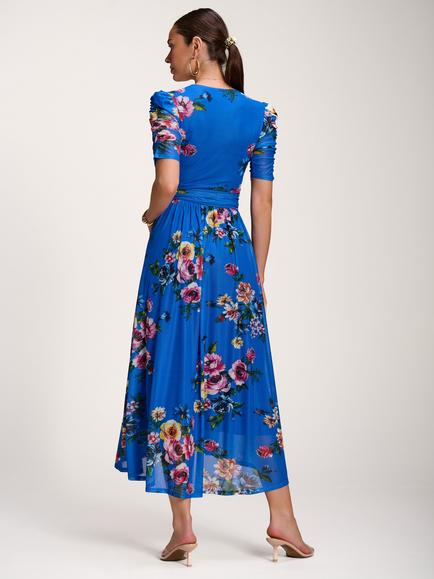 Jolie Moi Mesh Maxi Floral Dip Hem Dress, Royal Blue - view 2, Royal Blue
