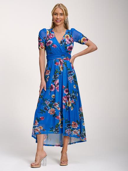 Jolie Moi Petite Floral Mesh Dress, Royal Blue, Royal Blue