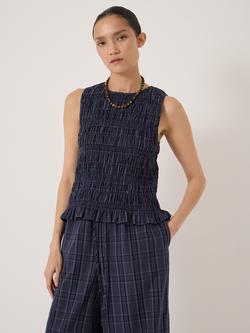 HUSH Maddie Shirred Cotton Check Shell Top, Blue, Blue