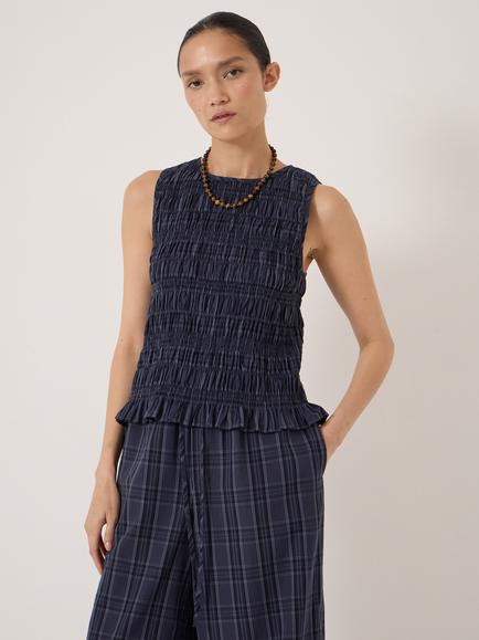 HUSH Maddie Shirred Cotton Check Shell Top, Blue, Blue